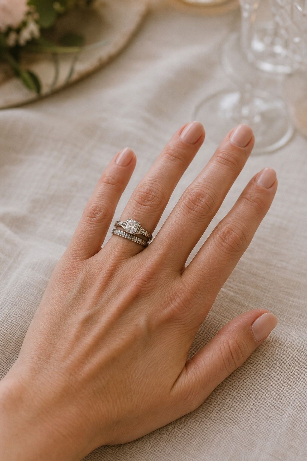 Engraved wedding band paired with a Deco ring