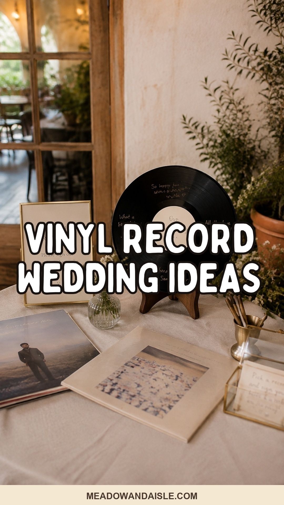 Vinyl record wedding ideas Pinterest pin with full-bleed guest book station photo and Meadow and Aisle branding