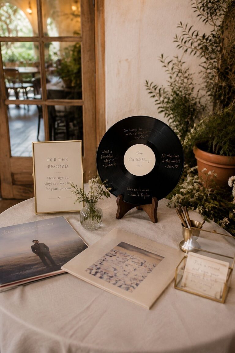 Main vinyl record wedding station with a signed record, album sleeve, flowers, and framed instruction card