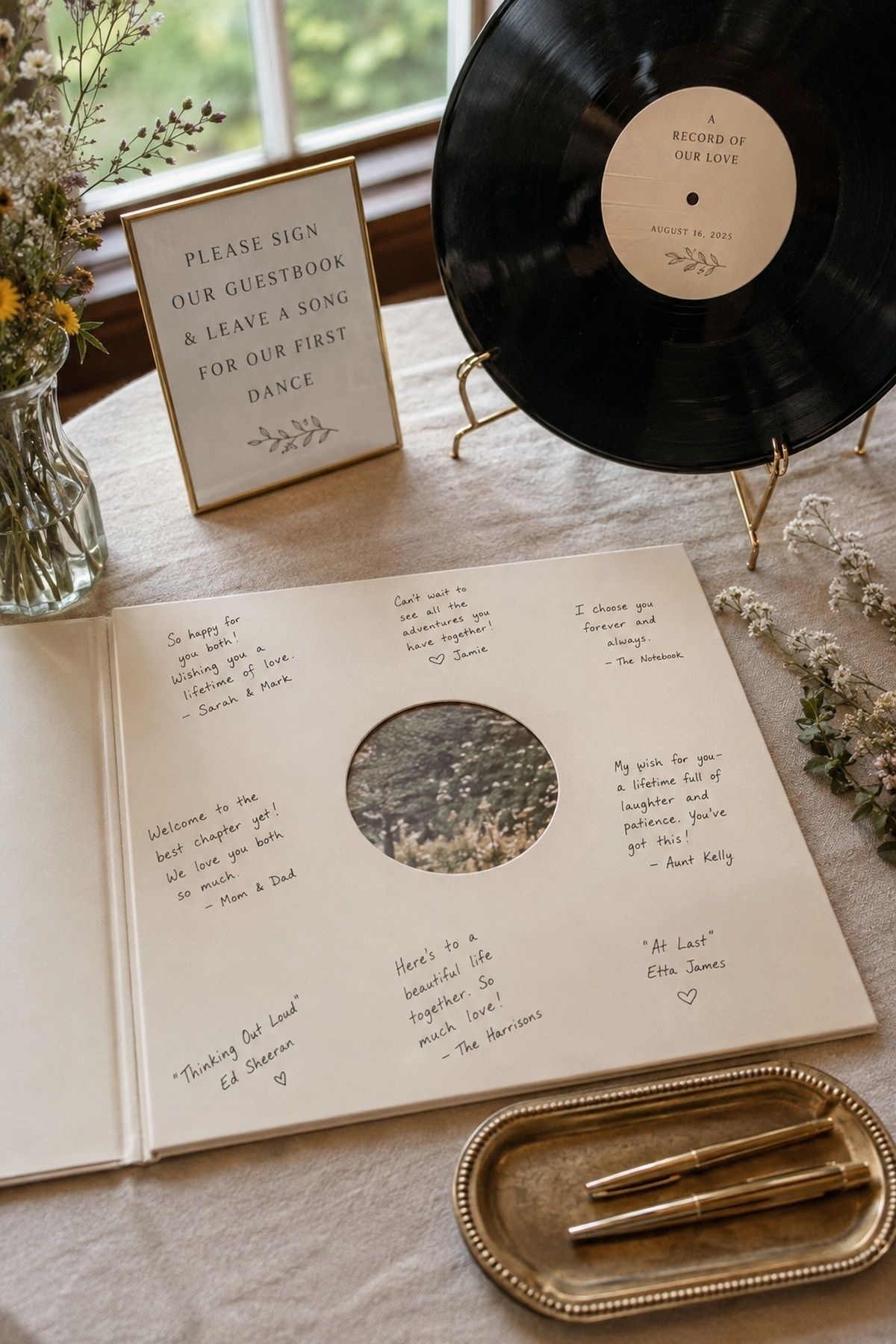 Cream record jacket guest book with handwritten notes, vinyl record, flowers, and brass pens