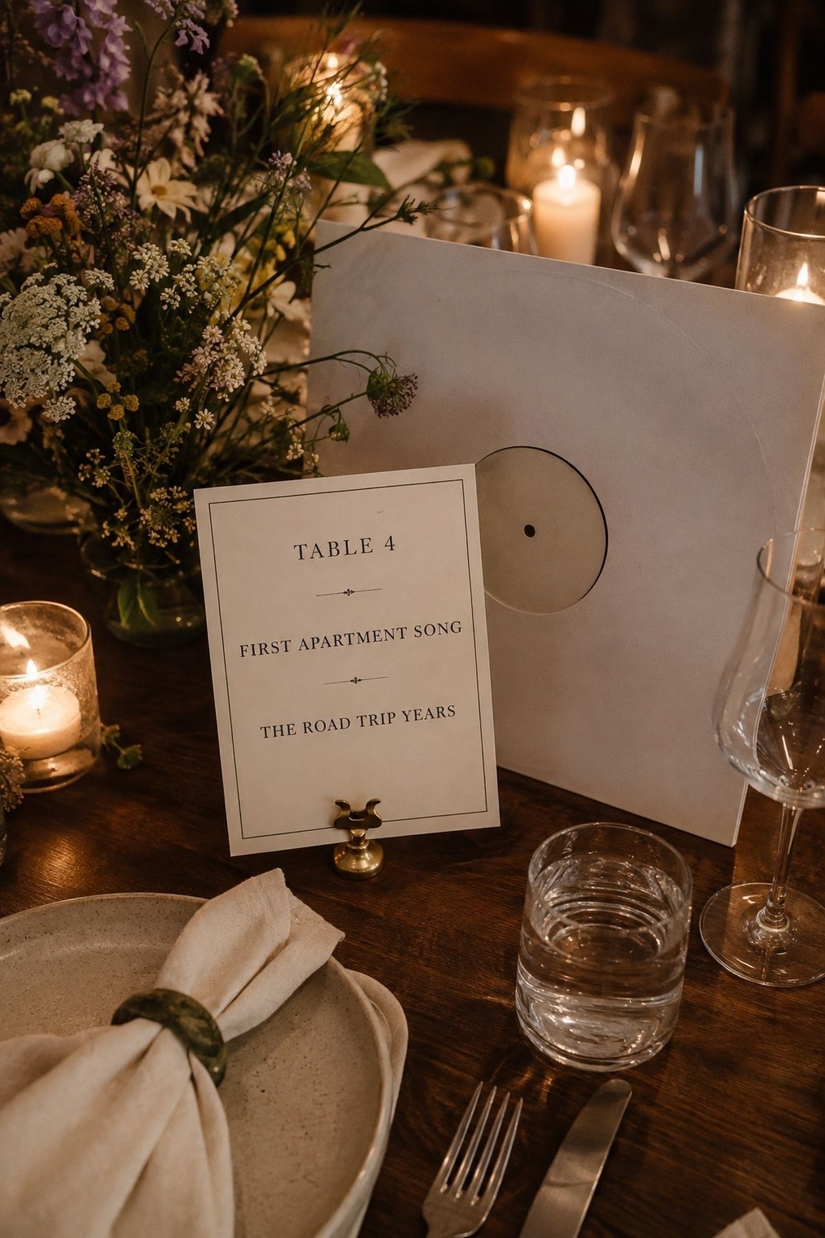 Small wedding table card with fictional vinyl-inspired table names beside a plain record sleeve and flowers