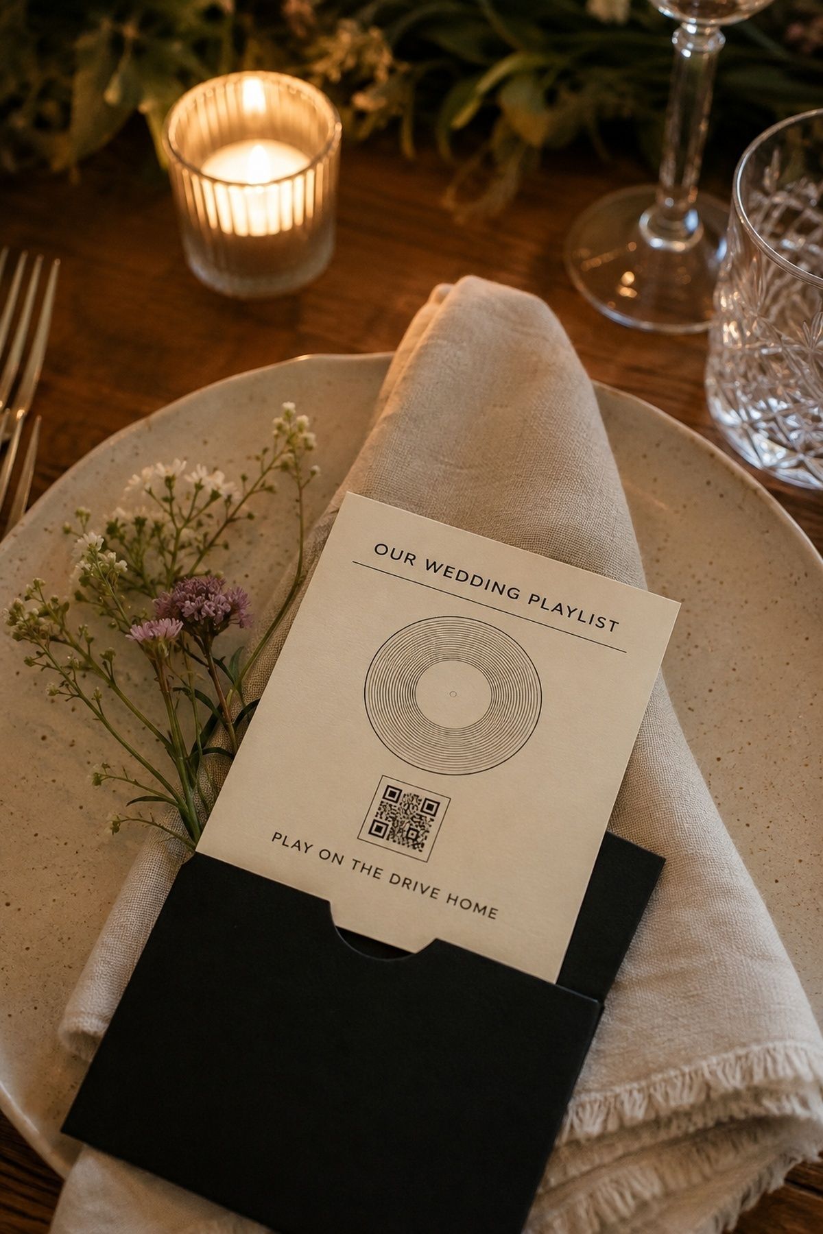 Vinyl-inspired wedding playlist card at a dinner place setting with wildflowers, linen, and candlelight