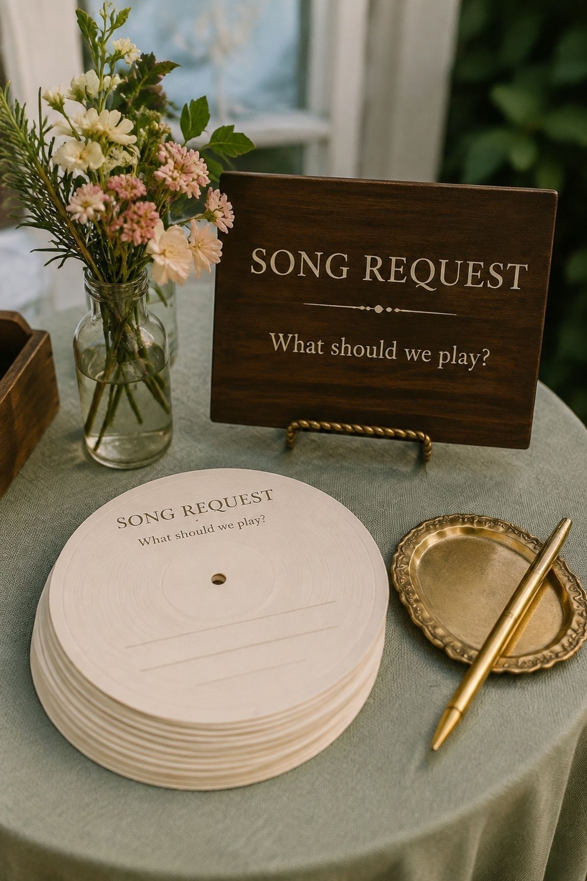 Blank record-style song request cards with a sign, pen, flowers, and small wedding table styling