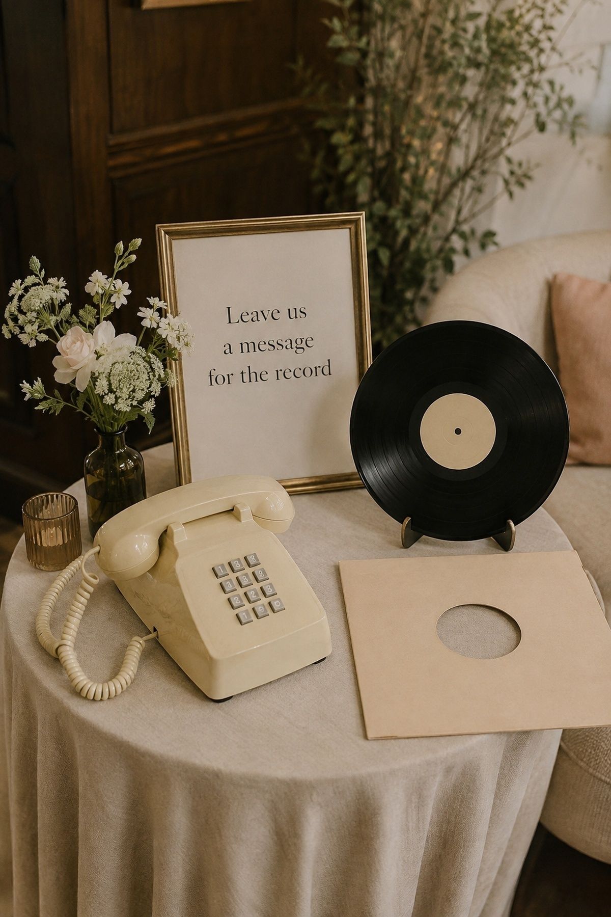 Audio guestbook phone station with vinyl record, sleeve, flowers, and a sign about leaving a message