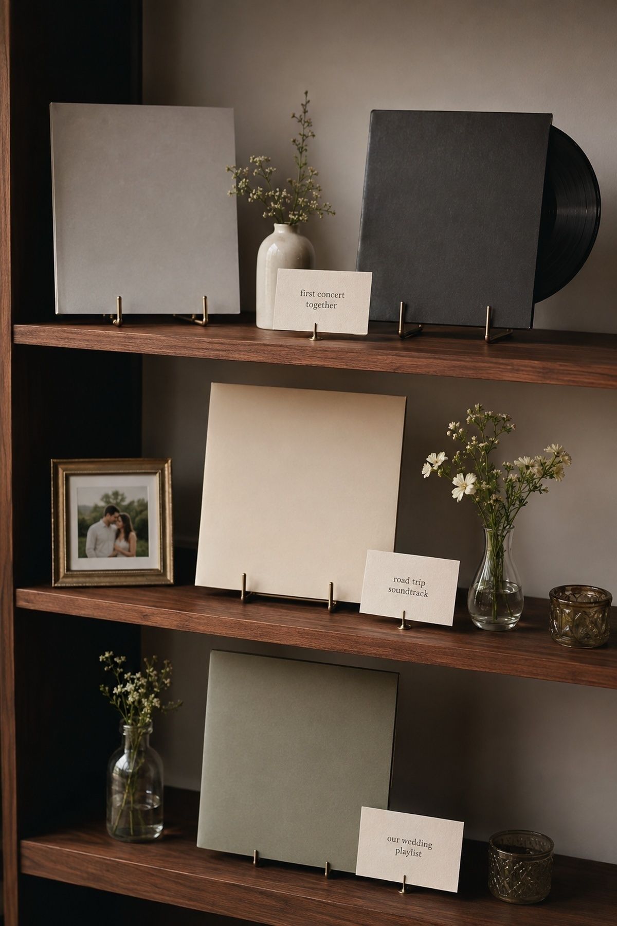 Understated wedding lounge shelf with plain record sleeves, story cards, flowers, and negative space