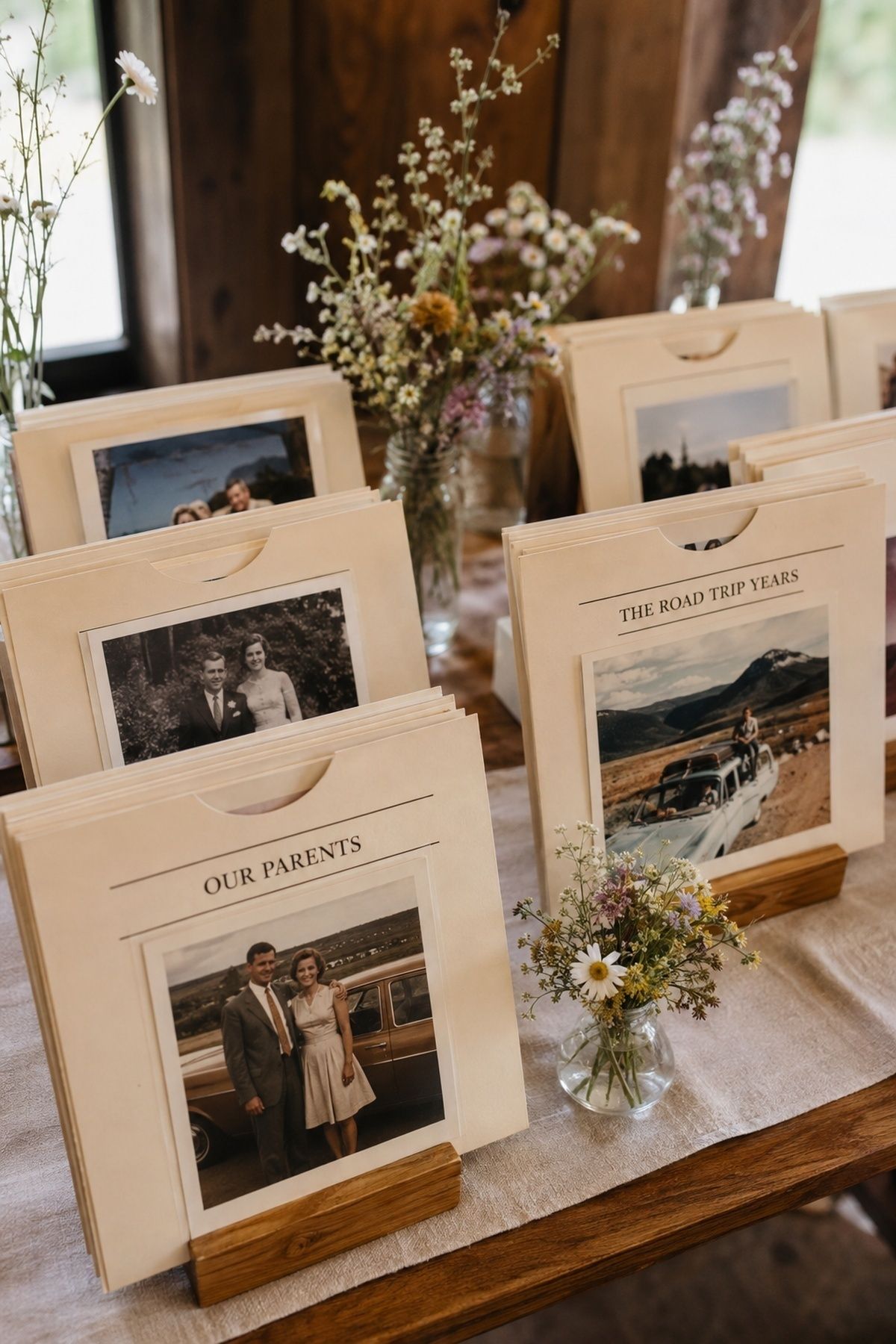 Record sleeve photo display with family-style pictures, labeled cream sleeves, wildflowers, and wood stands