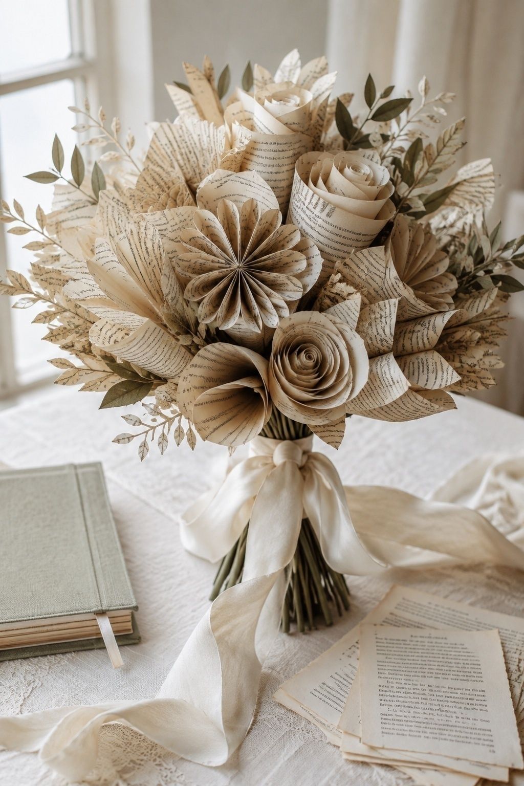 Bouquet of flowers folded from book pages