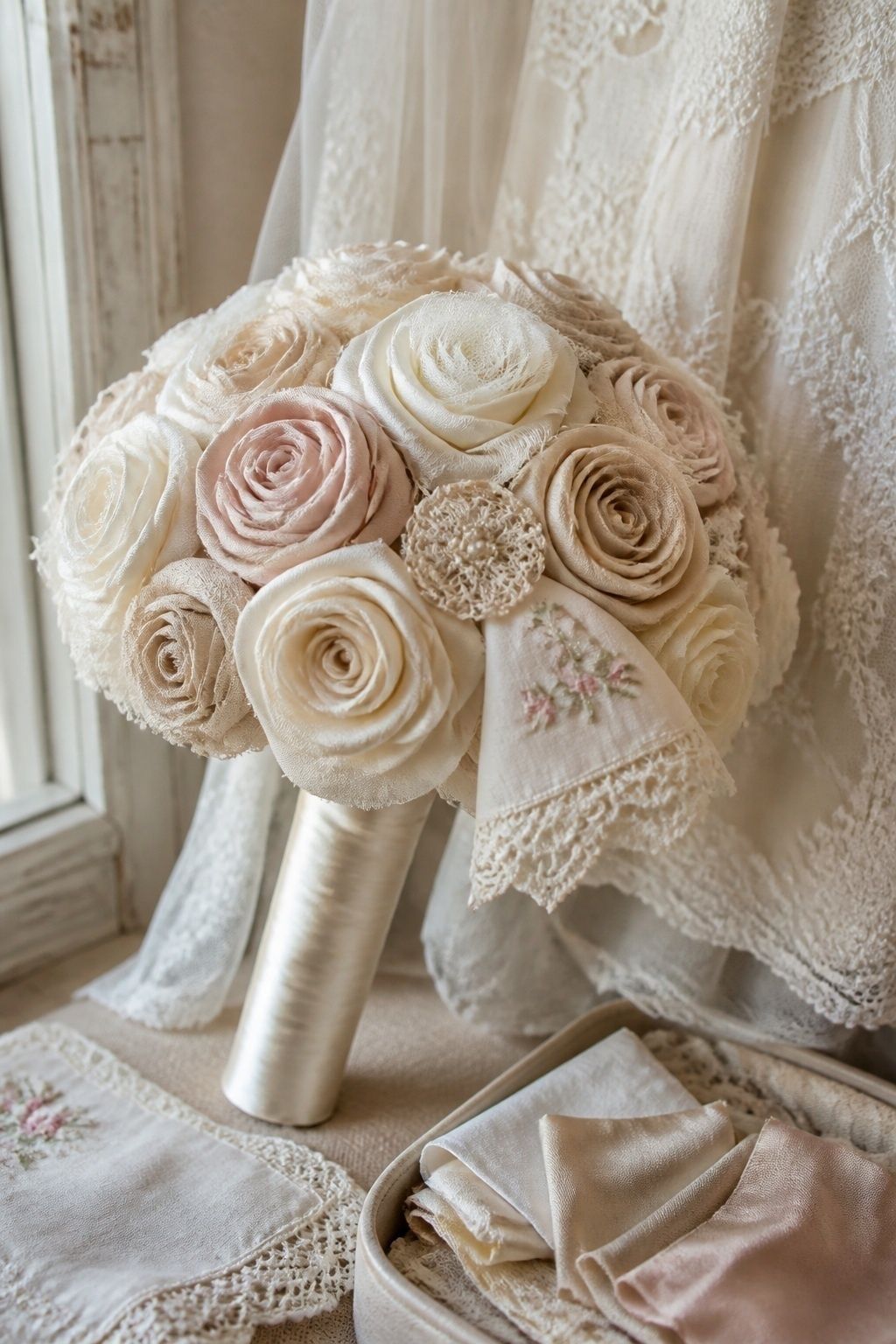 Bridal bouquet of fabric roses