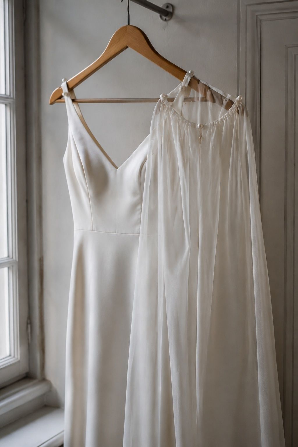 Detachable bridal cape removed for the reception