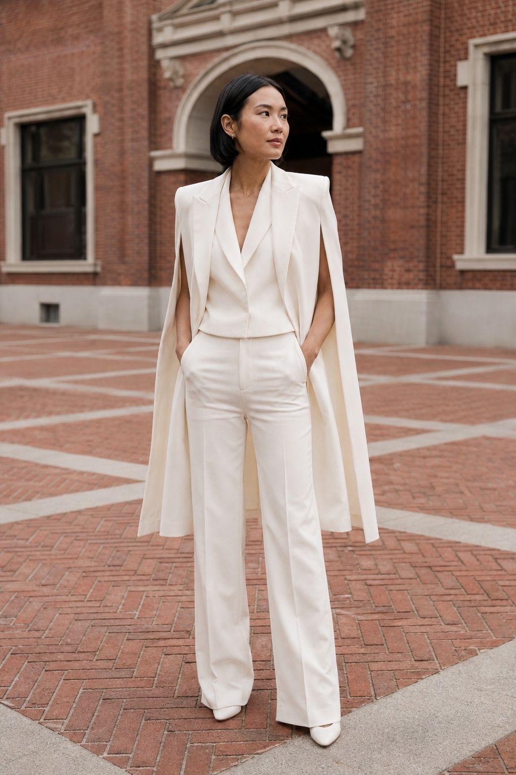 Structured crepe cape over a modern bridal suit