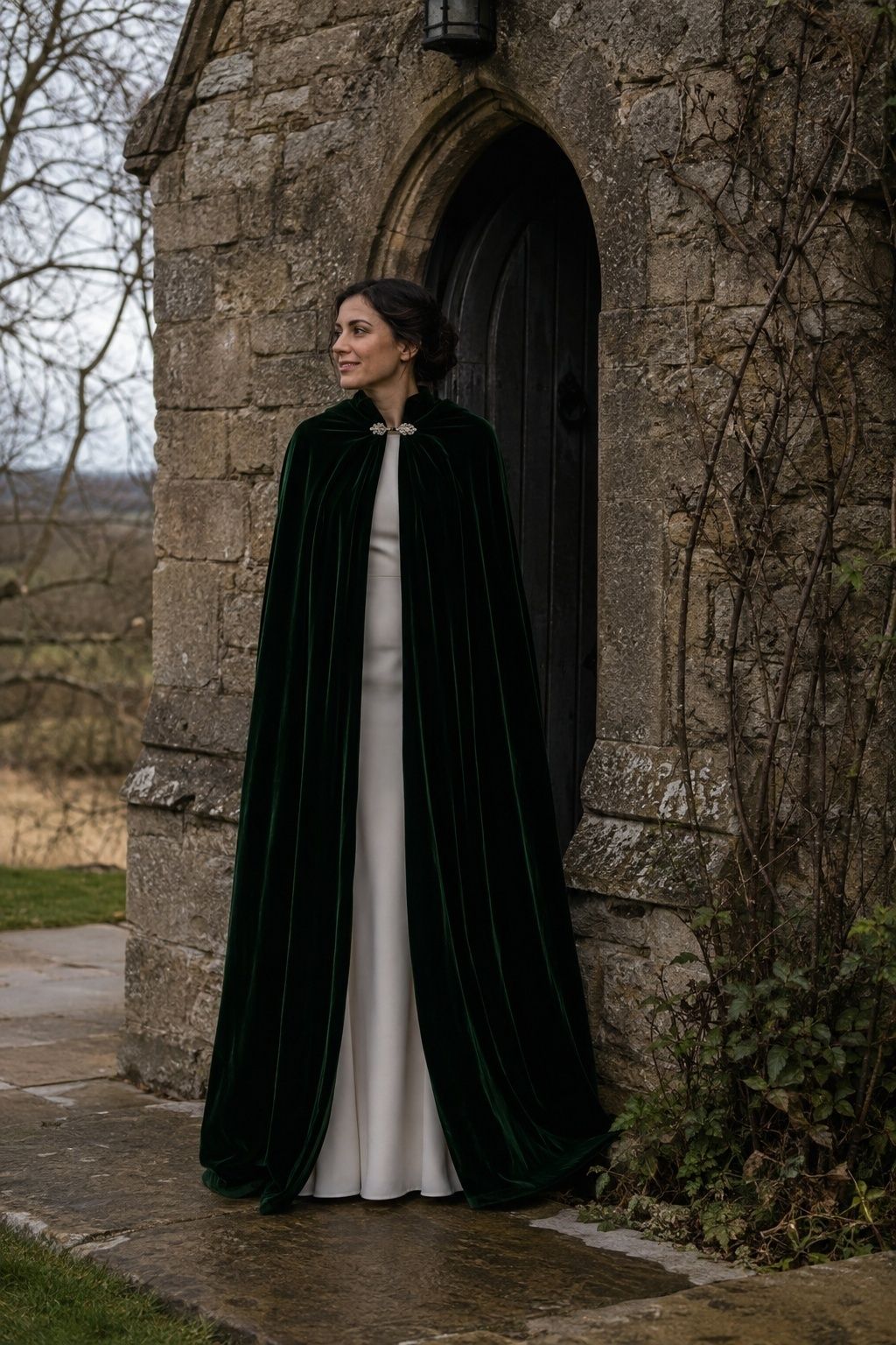 Bride in a warm velvet cape at a winter micro wedding