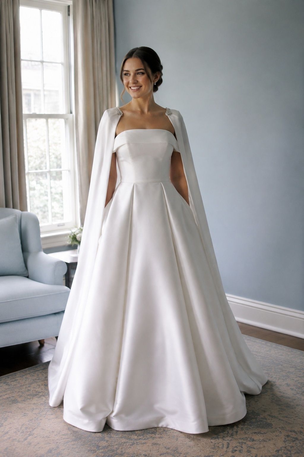 Ball gown wedding dress with a satin cape