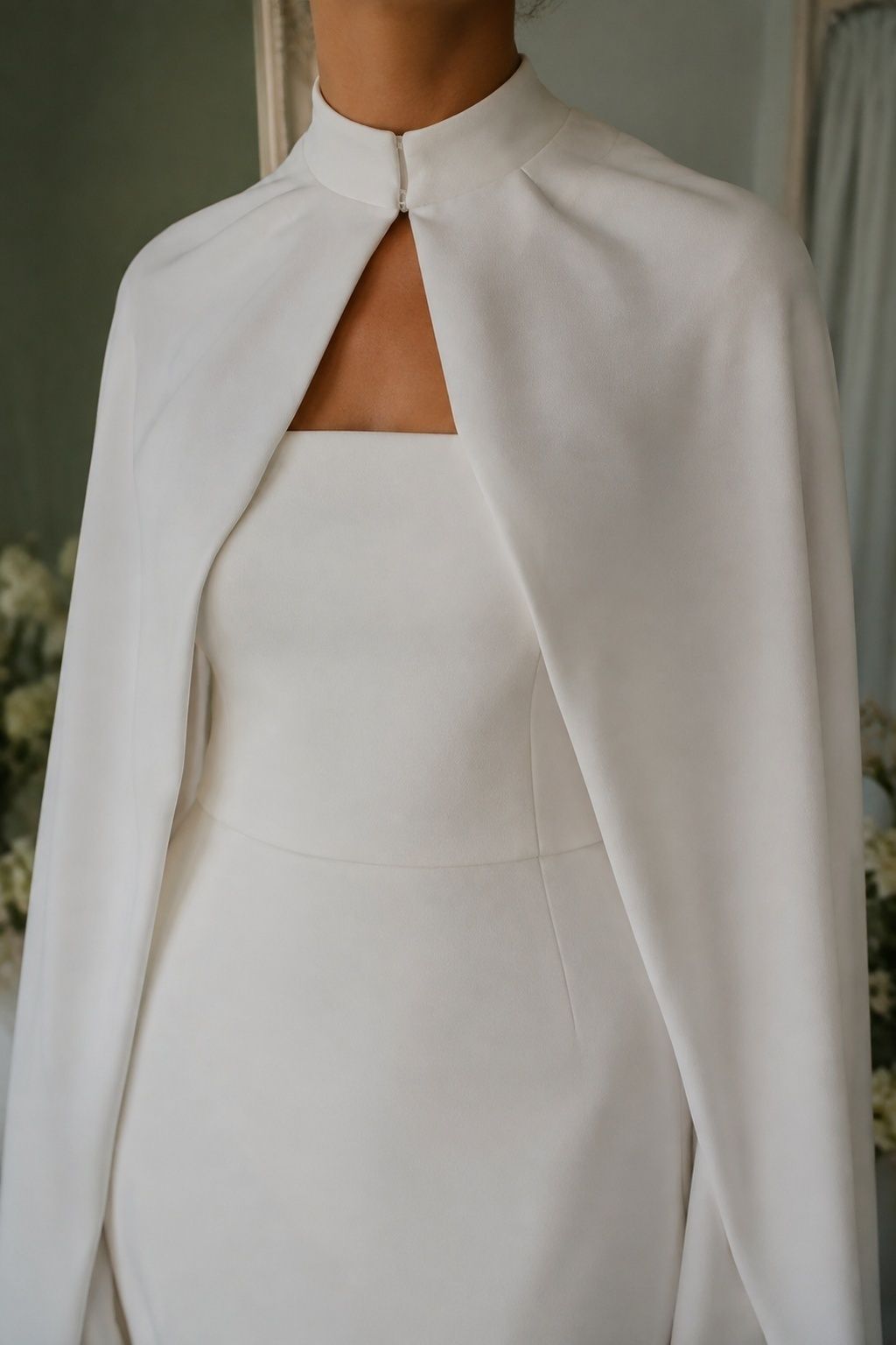 Bridal cape fastened at the neckline