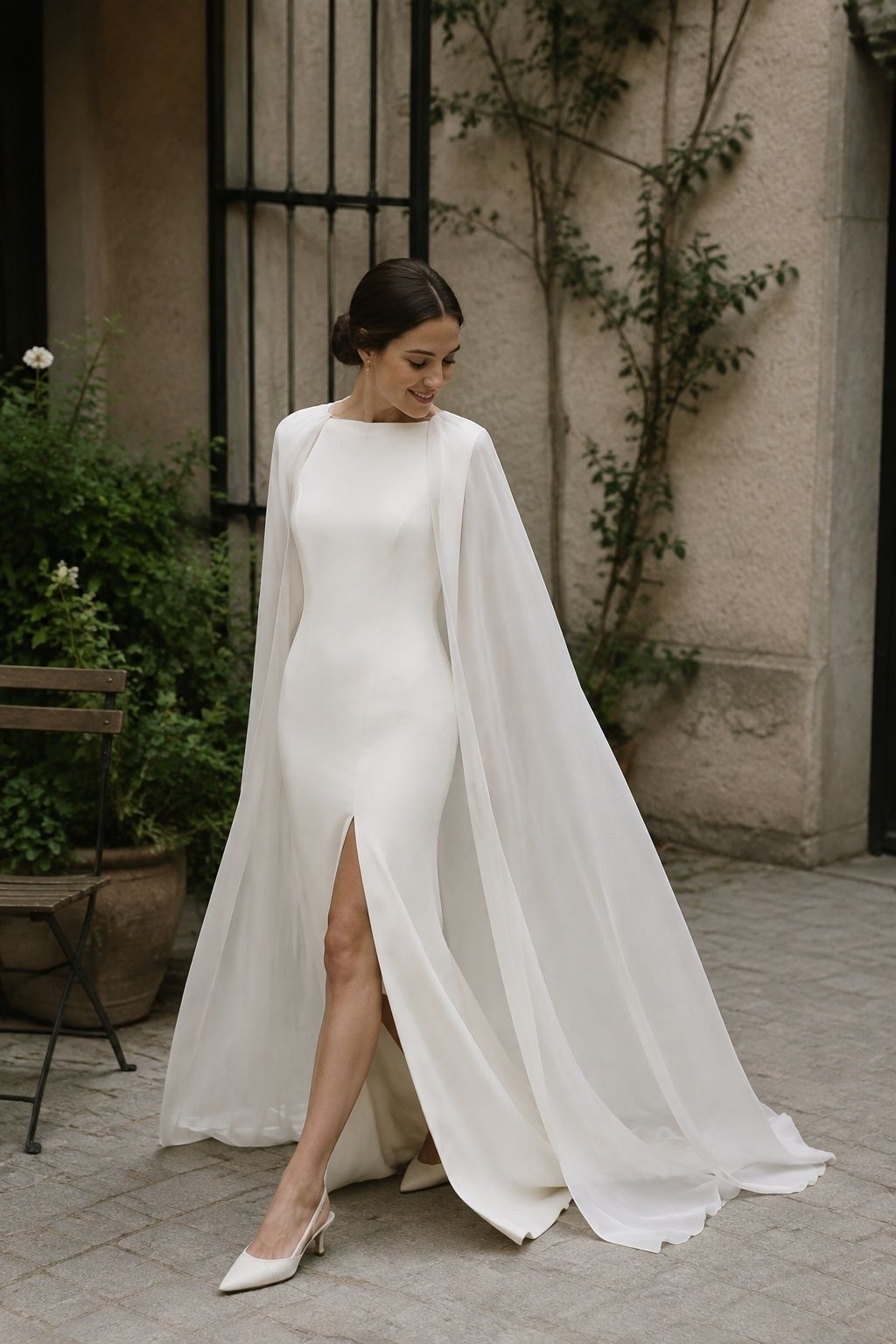 Cape worn with a slit gown for movement