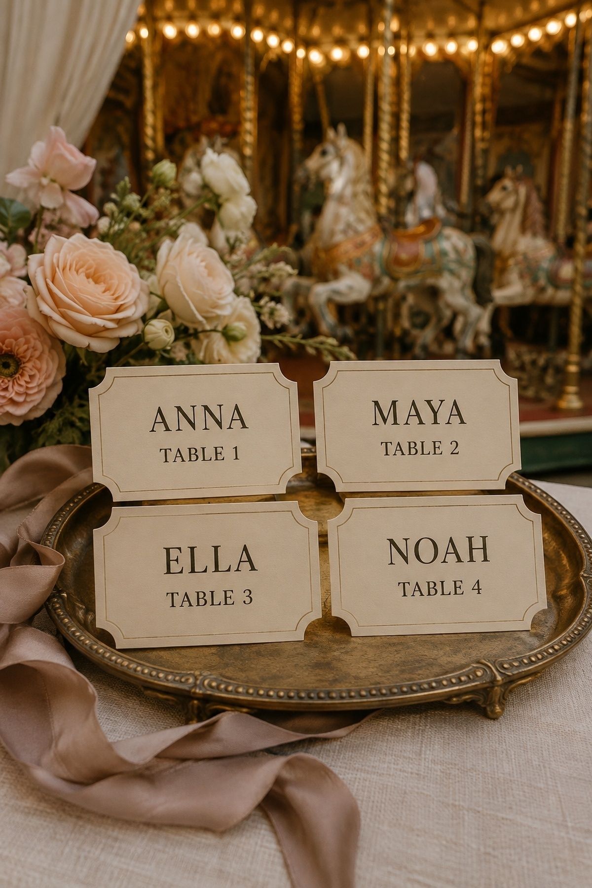 Vintage ride ticket escort cards on a carousel wedding welcome table