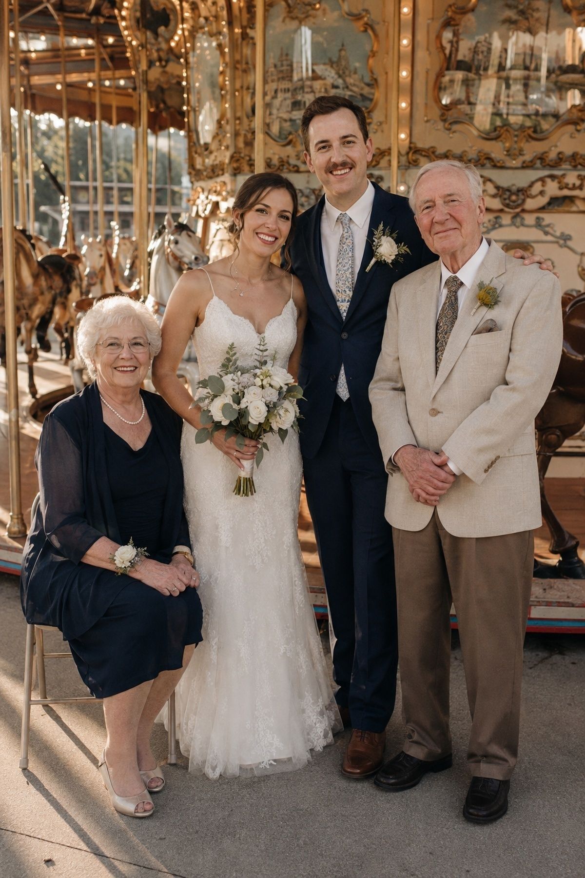 Newlyweds taking carousel portraits with older family members on ground level