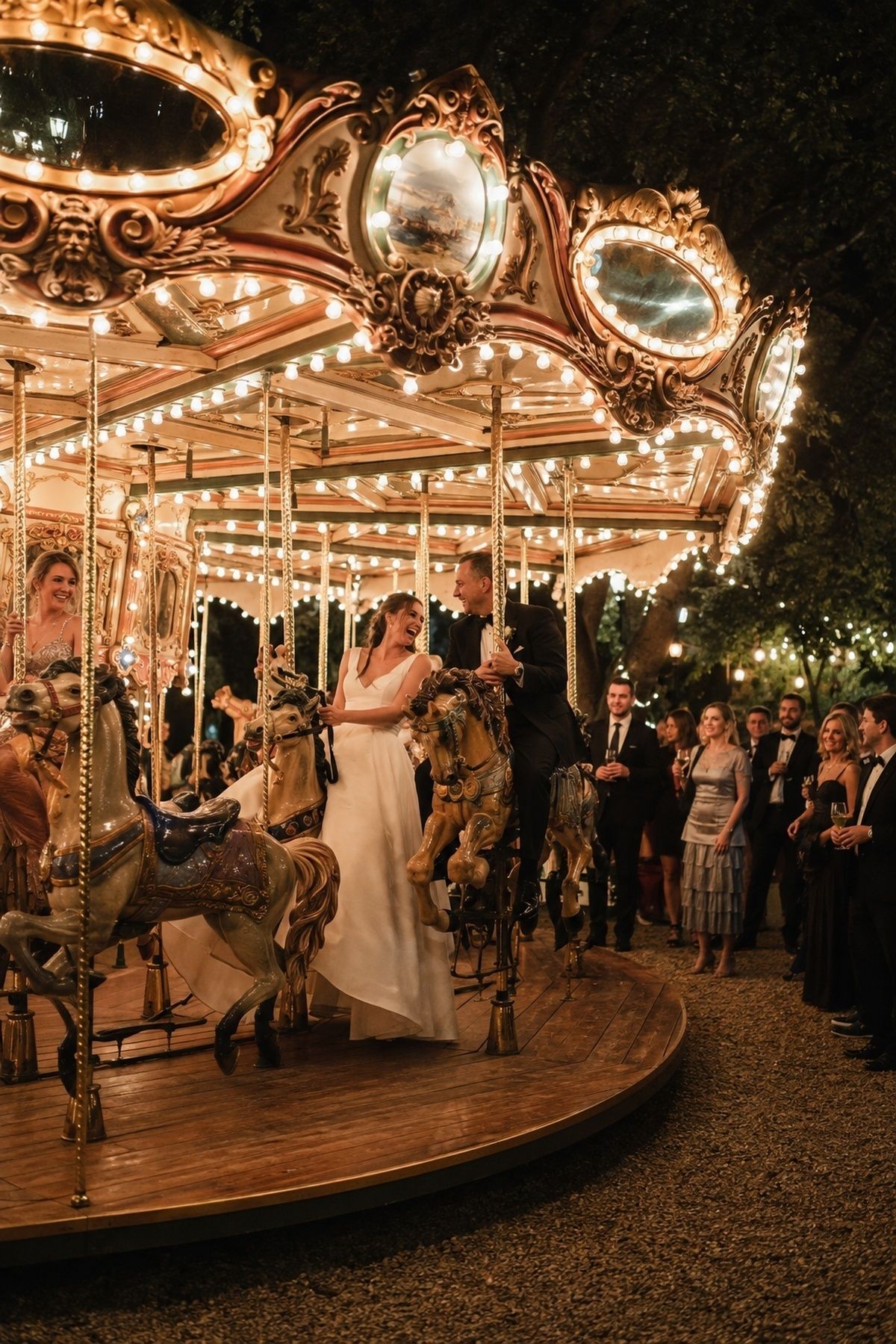 Small after-dinner carousel ride at an intimate wedding reception