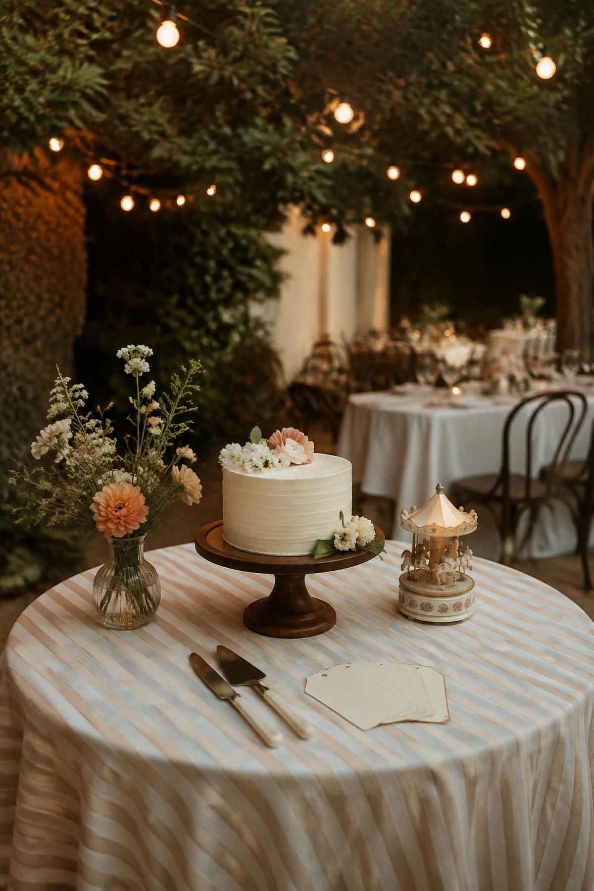 Carousel-inspired round cake table with striped linen and a music-box detail