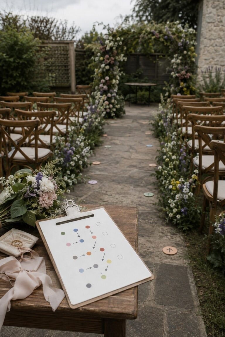 Garden wedding ceremony walkthrough setup with aisle markers, cue clipboard, rings, ribbon, chairs, and wildflower arch