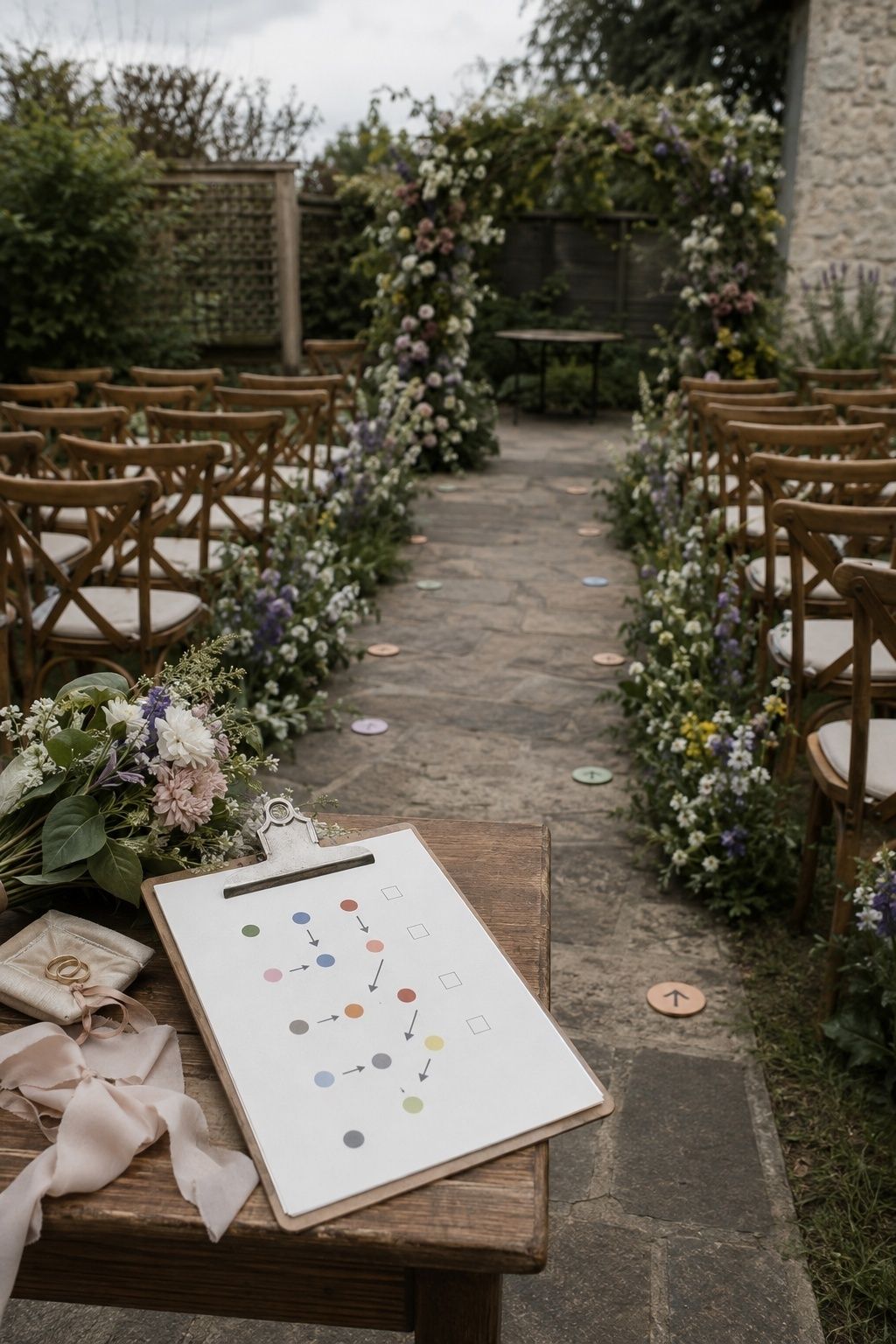 Garden wedding ceremony walkthrough setup with aisle markers, cue clipboard, rings, ribbon, chairs, and wildflower arch
