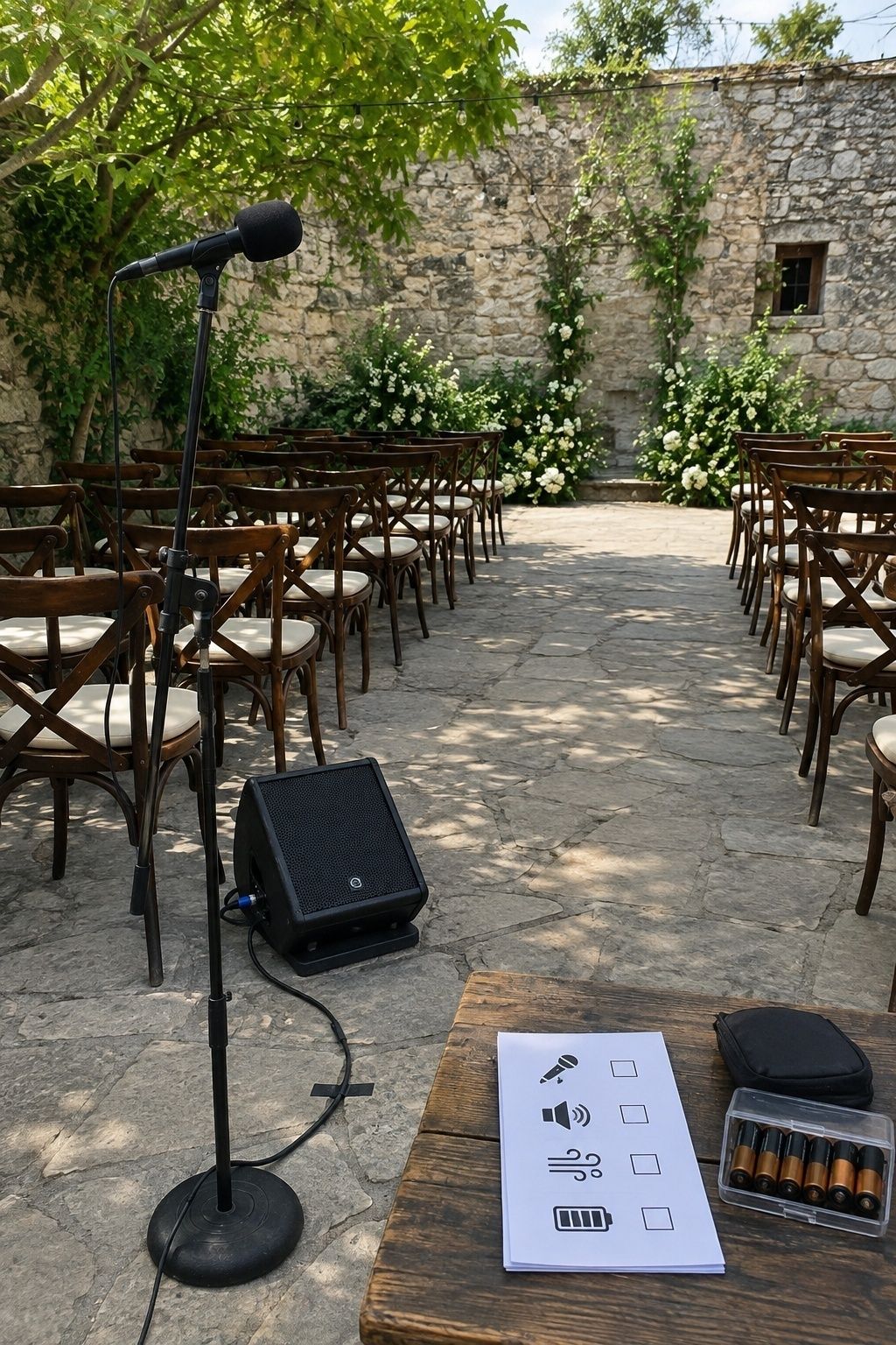 Outdoor wedding sound check with windscreen microphone, speaker, cable, spare batteries, and icon checklist