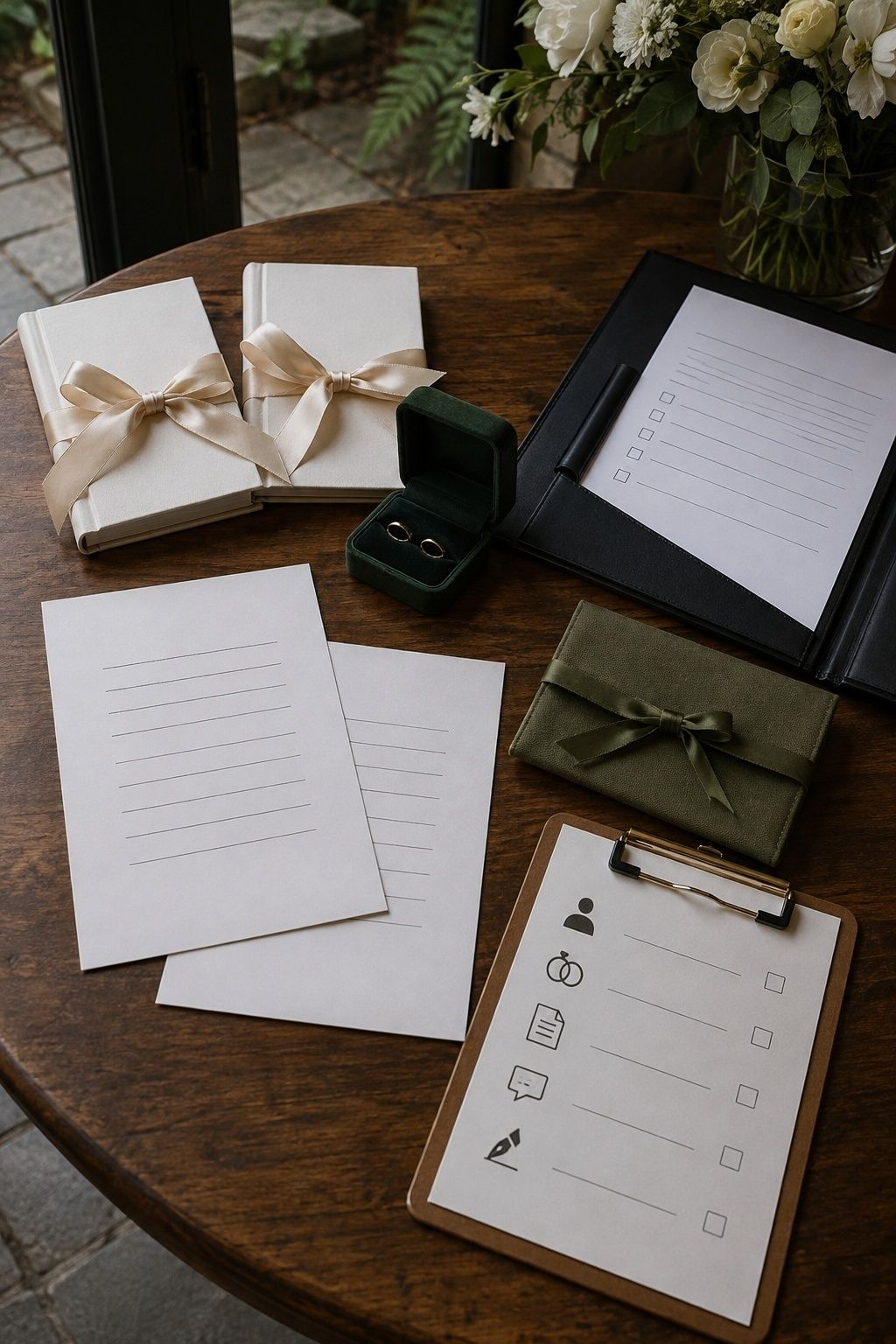 Wedding ceremony essentials table with two rings, two vow books, license folder, printed readings, pouch, and checklist