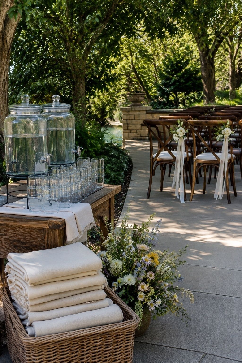 Outdoor wedding guest comfort station with water, folded wraps, reserved ribboned chairs, shade, and accessible path