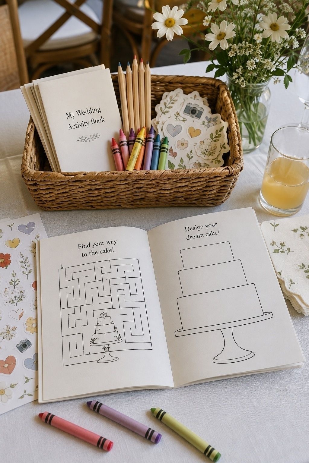Kids wedding activity book with puzzles and colouring