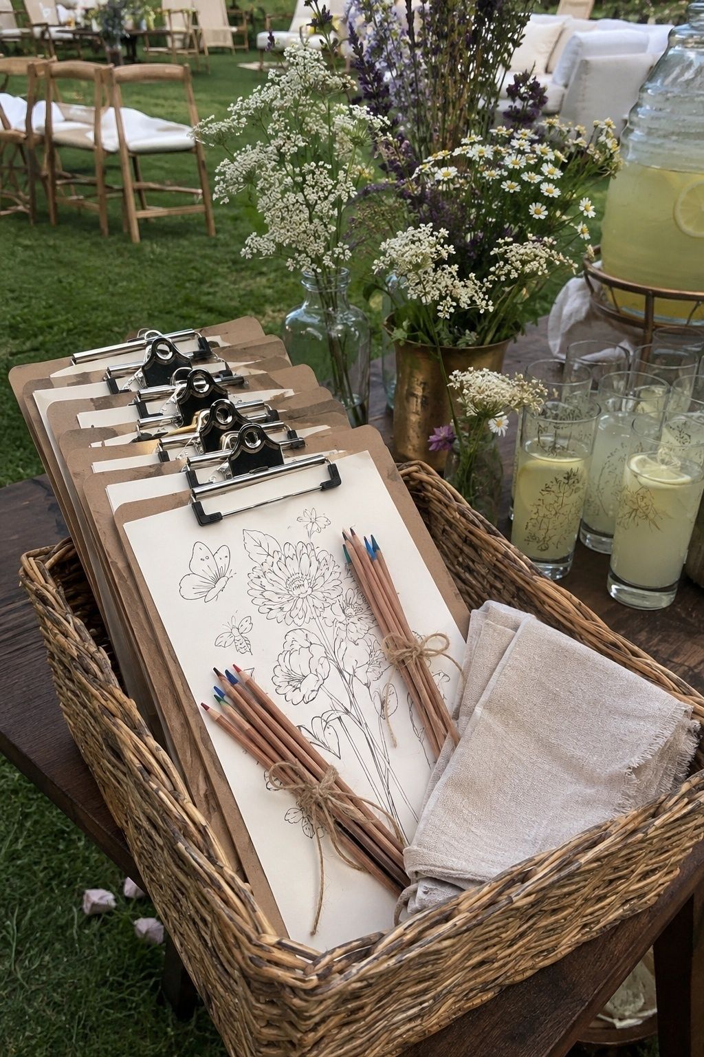 Clipboards for colouring during cocktail hour