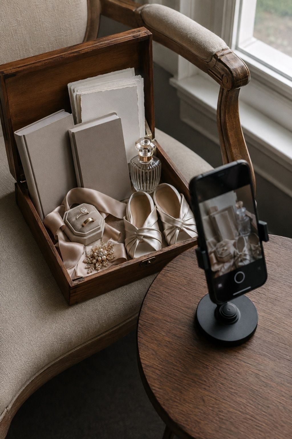 Wedding detail box with rings, vow books, perfume, ribbon, shoes, and a phone filming