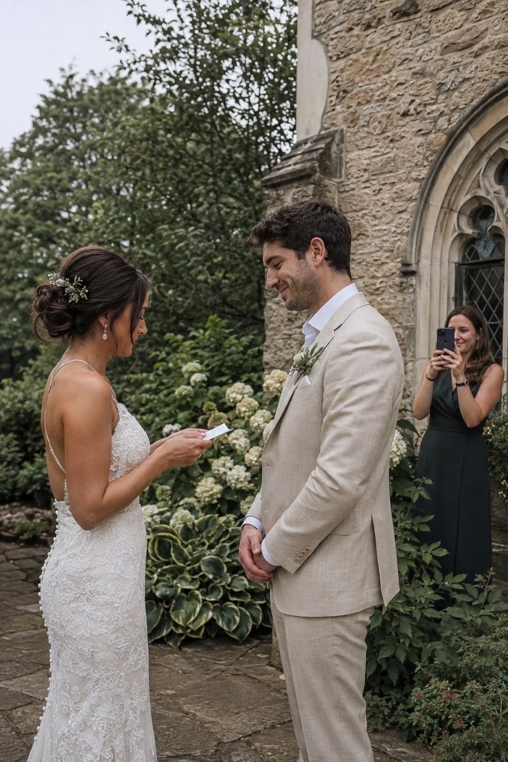 Couple sharing private garden vows while a wedding content creator films discreetly