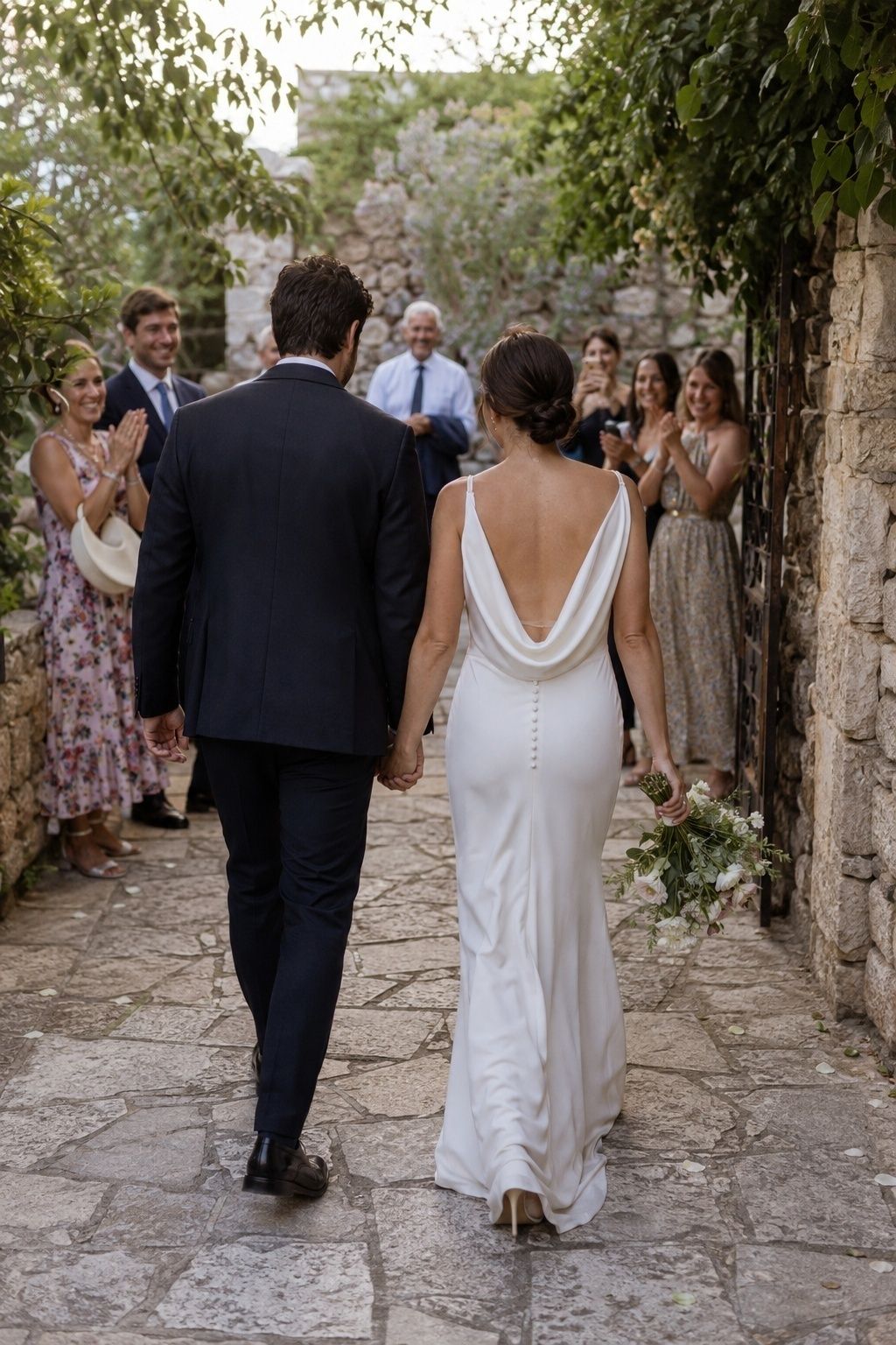 Just-married couple walking away hand in hand as close guests cheer