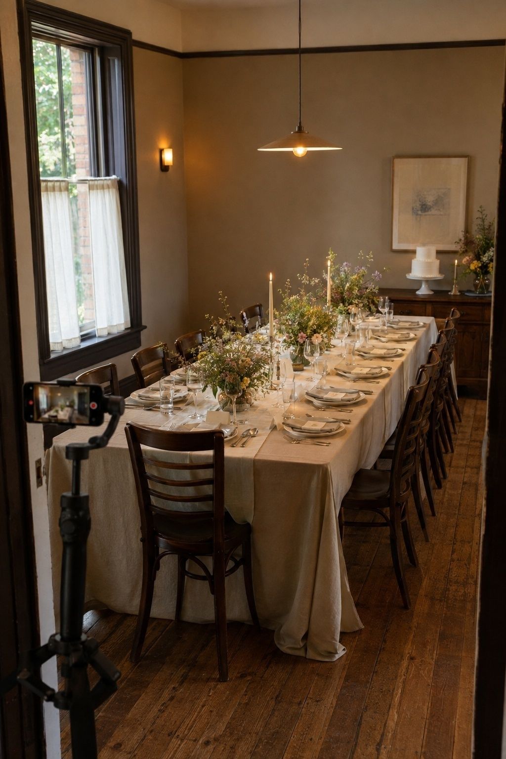 Wedding reception room with a long table and phone filming before guests arrive
