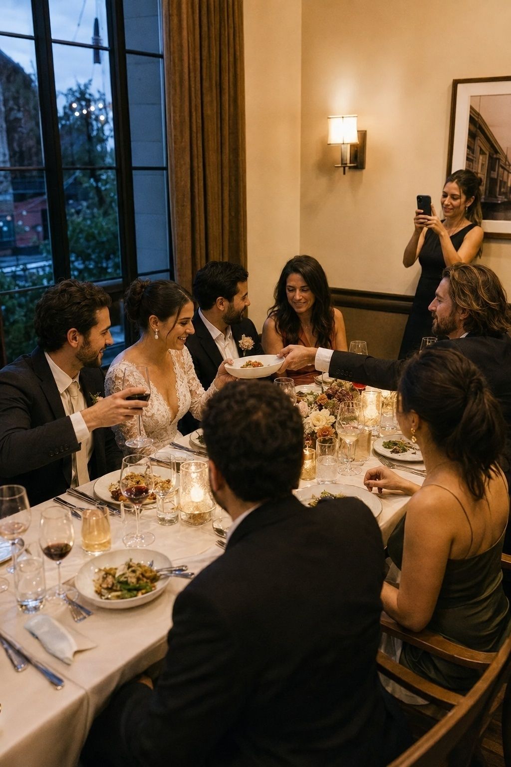Intimate wedding dinner filmed gently from the edge of the room