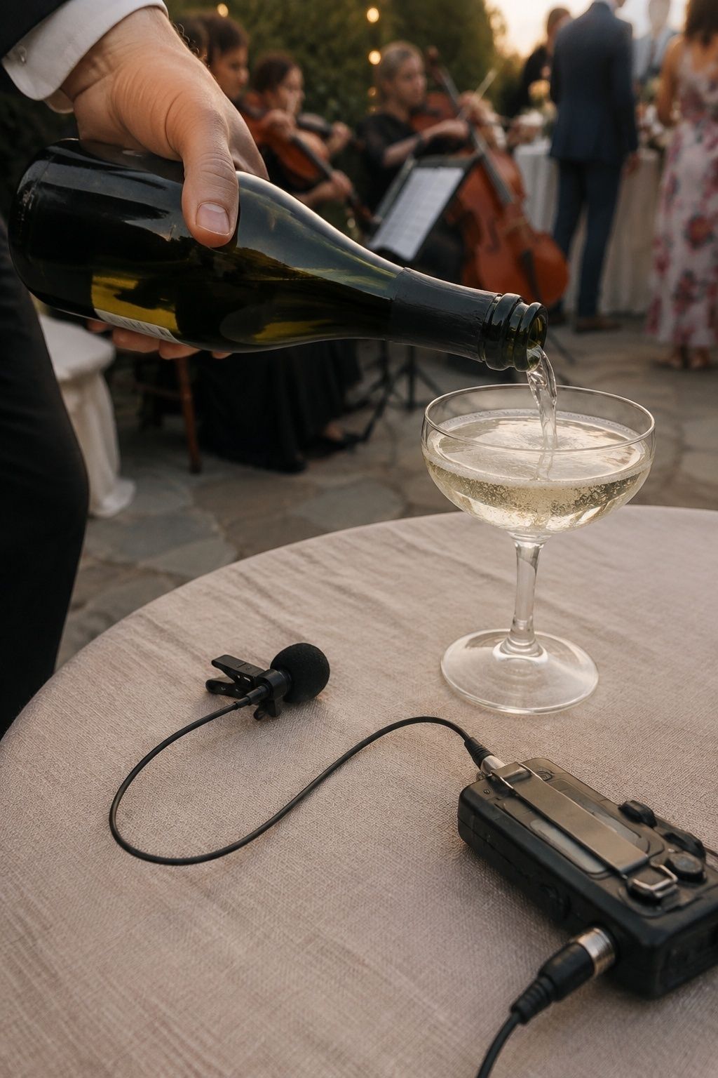 Champagne pouring beside a small microphone and audio recorder at a wedding