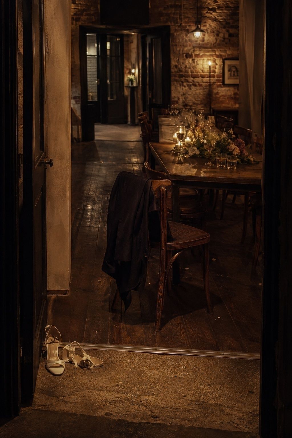 Quiet candlelit wedding room with flowers and bridal shoes after guests leave
