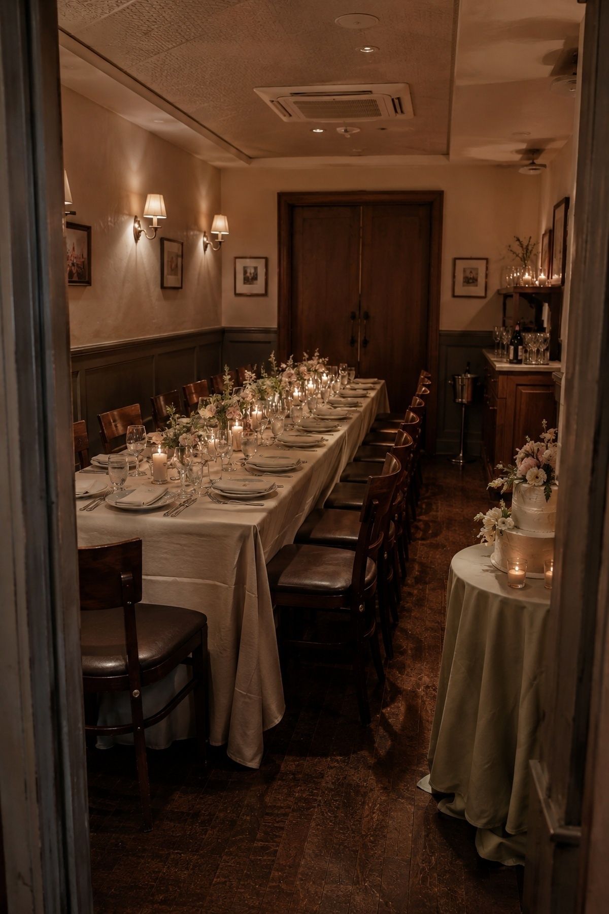 Private restaurant room set for a wedding dinner