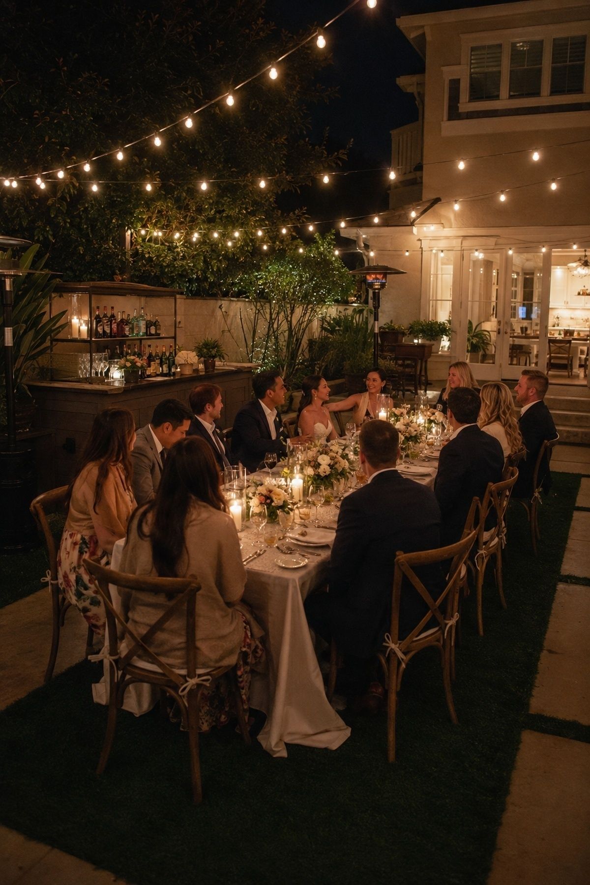 Backyard wedding dinner under string lights