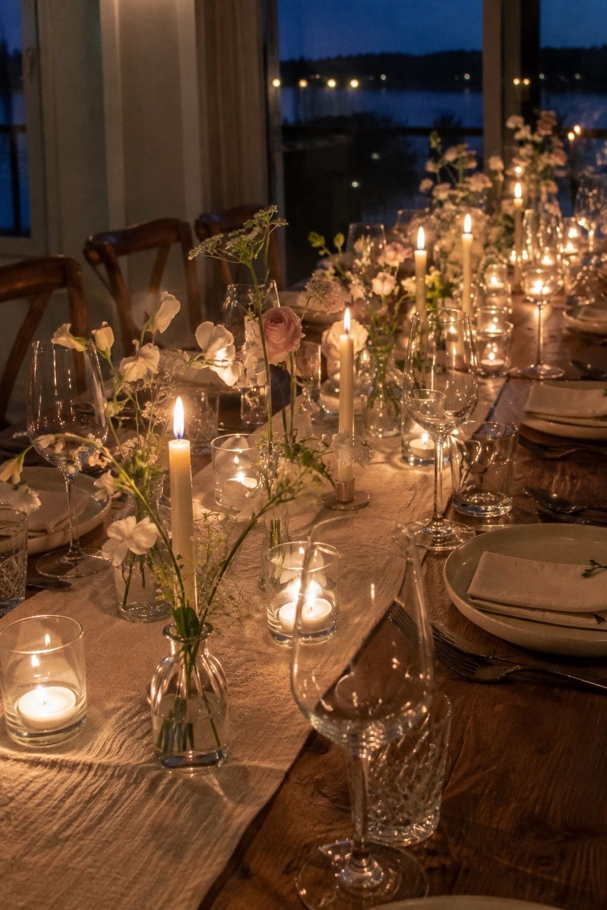 Low candlelight and bud vases on the table