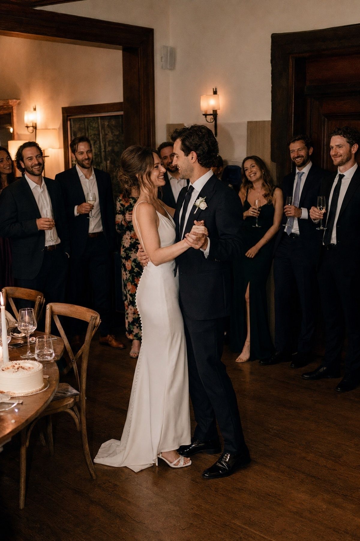 Couple sharing a short dance after dessert