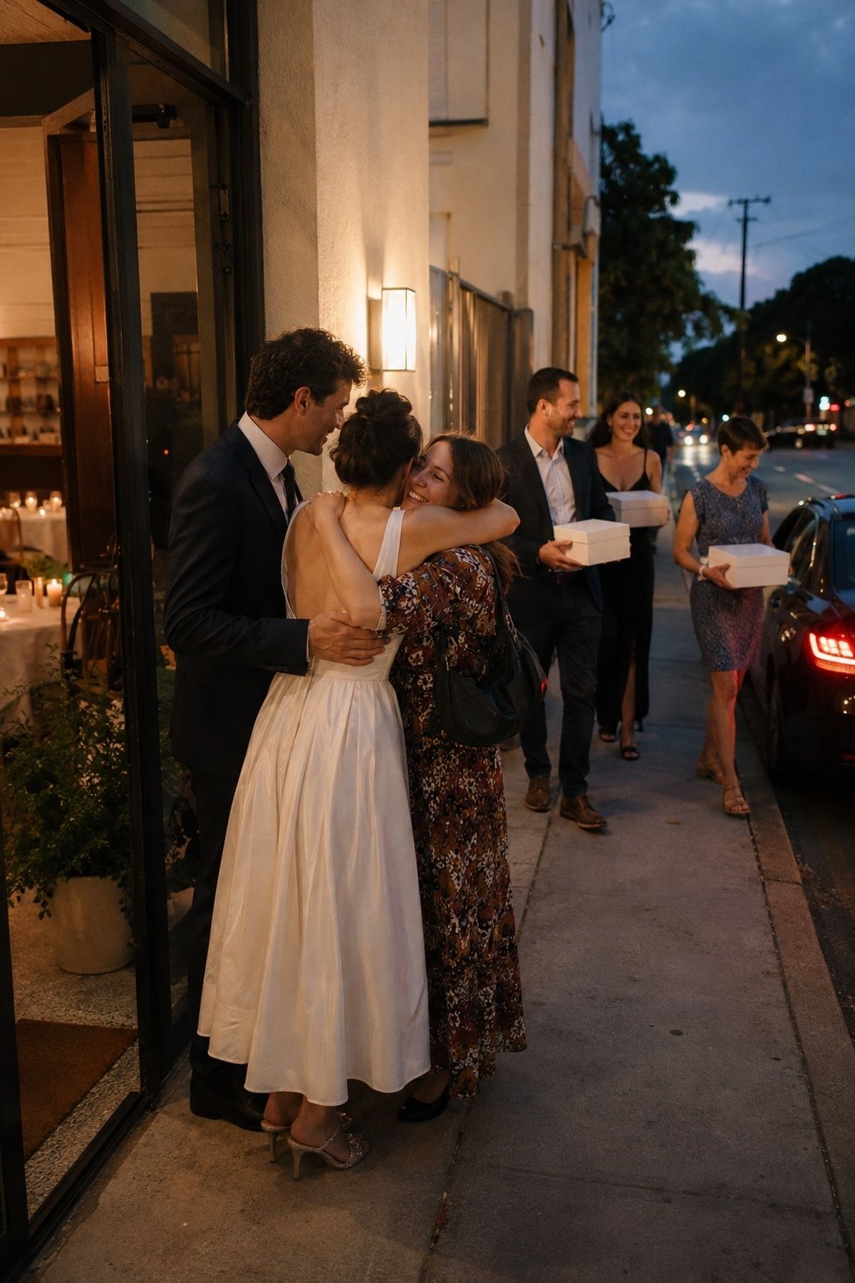 Guests sharing a warm group goodbye