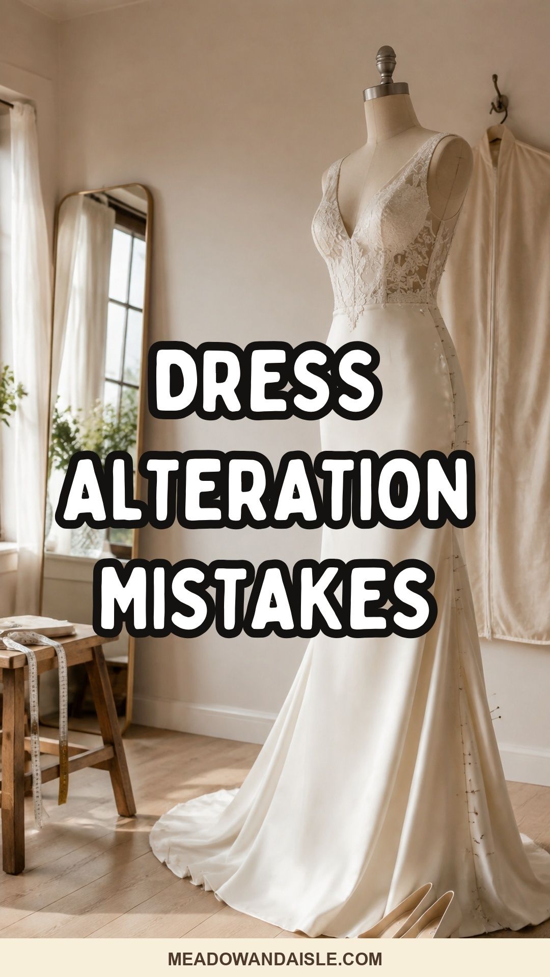 Wedding dress alteration mistakes Pinterest pin for Meadow & Aisle