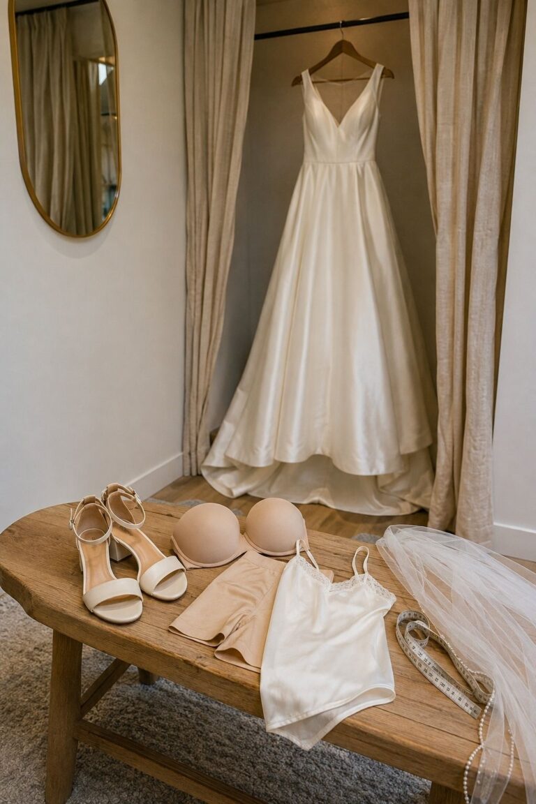 Bridal heels, undergarments, shapewear, veil, and measuring tape arranged beside a wedding gown for alterations