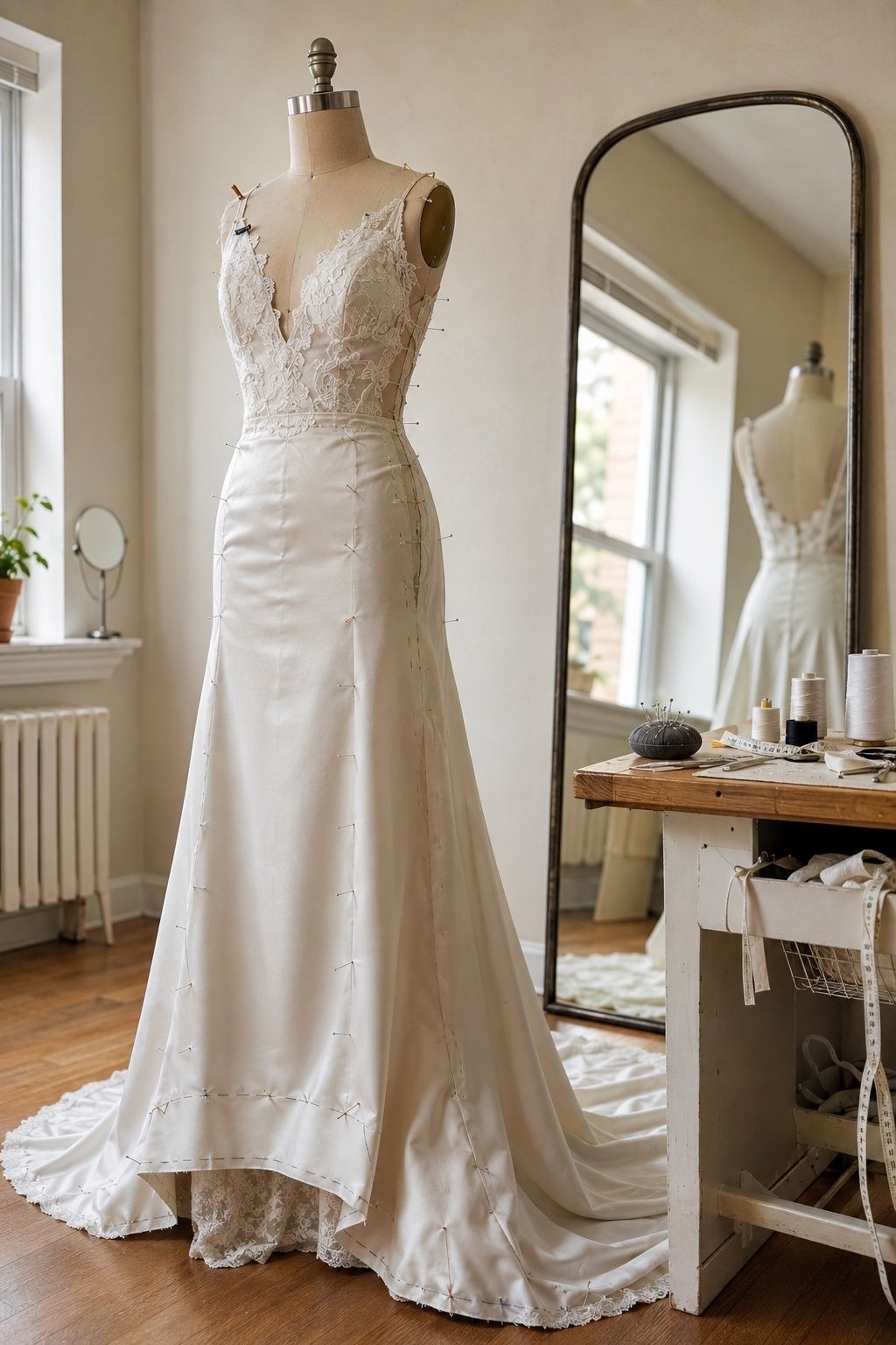 Wedding gown on a dress form during a first fitting with orderly pins, a basted hem, and tailoring tools