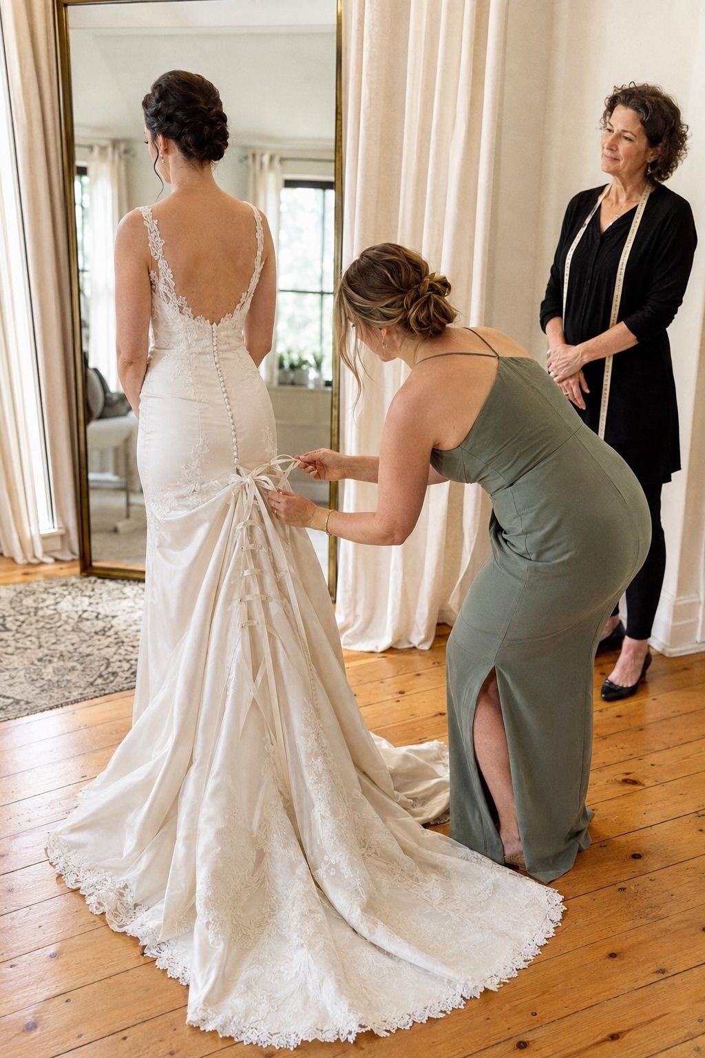 Wedding-day helper practicing how to fasten a bridal gown bustle while the tailor supervises