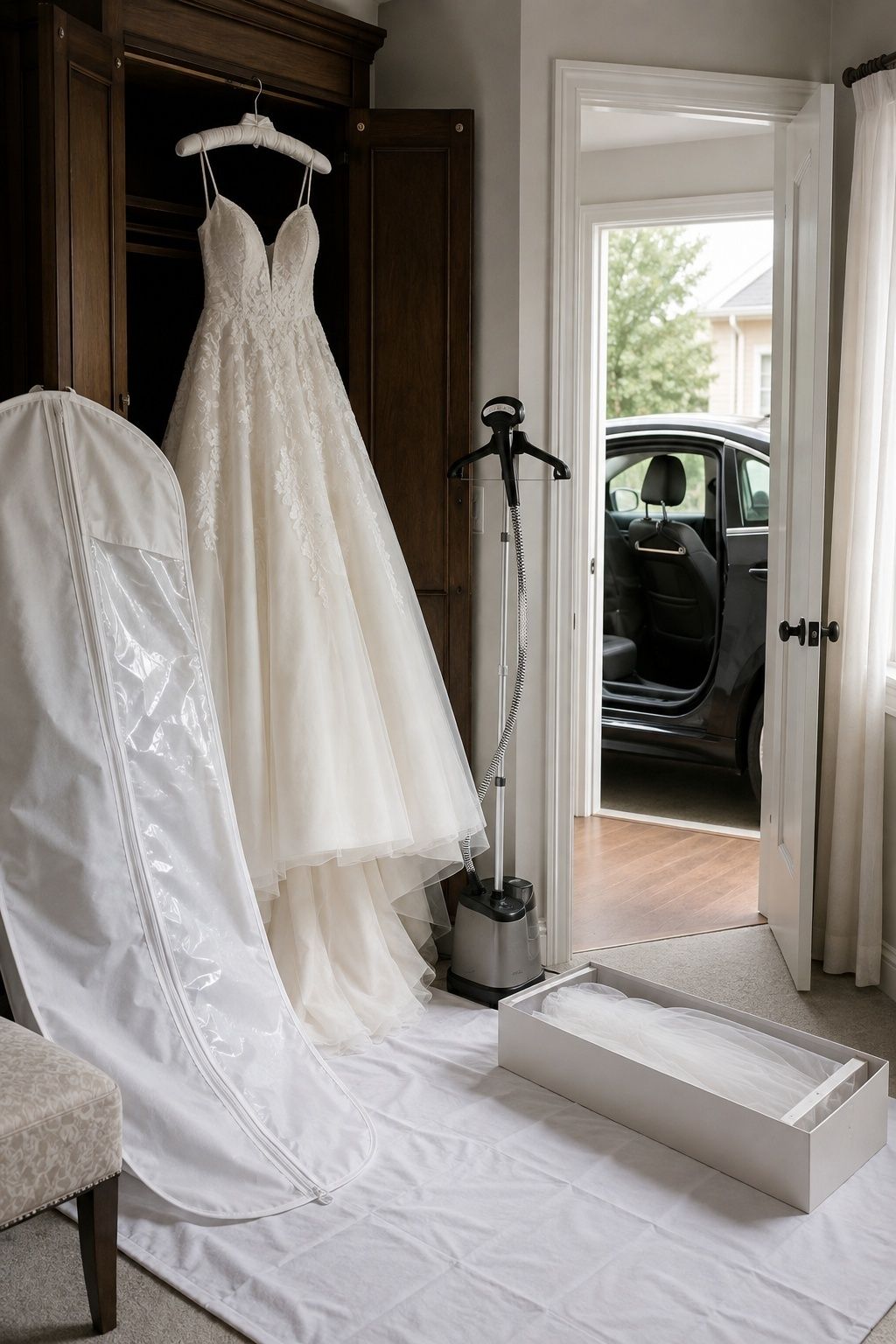 Wedding gown stored high beside a garment bag, steamer, veil box, protective sheet, and waiting car
