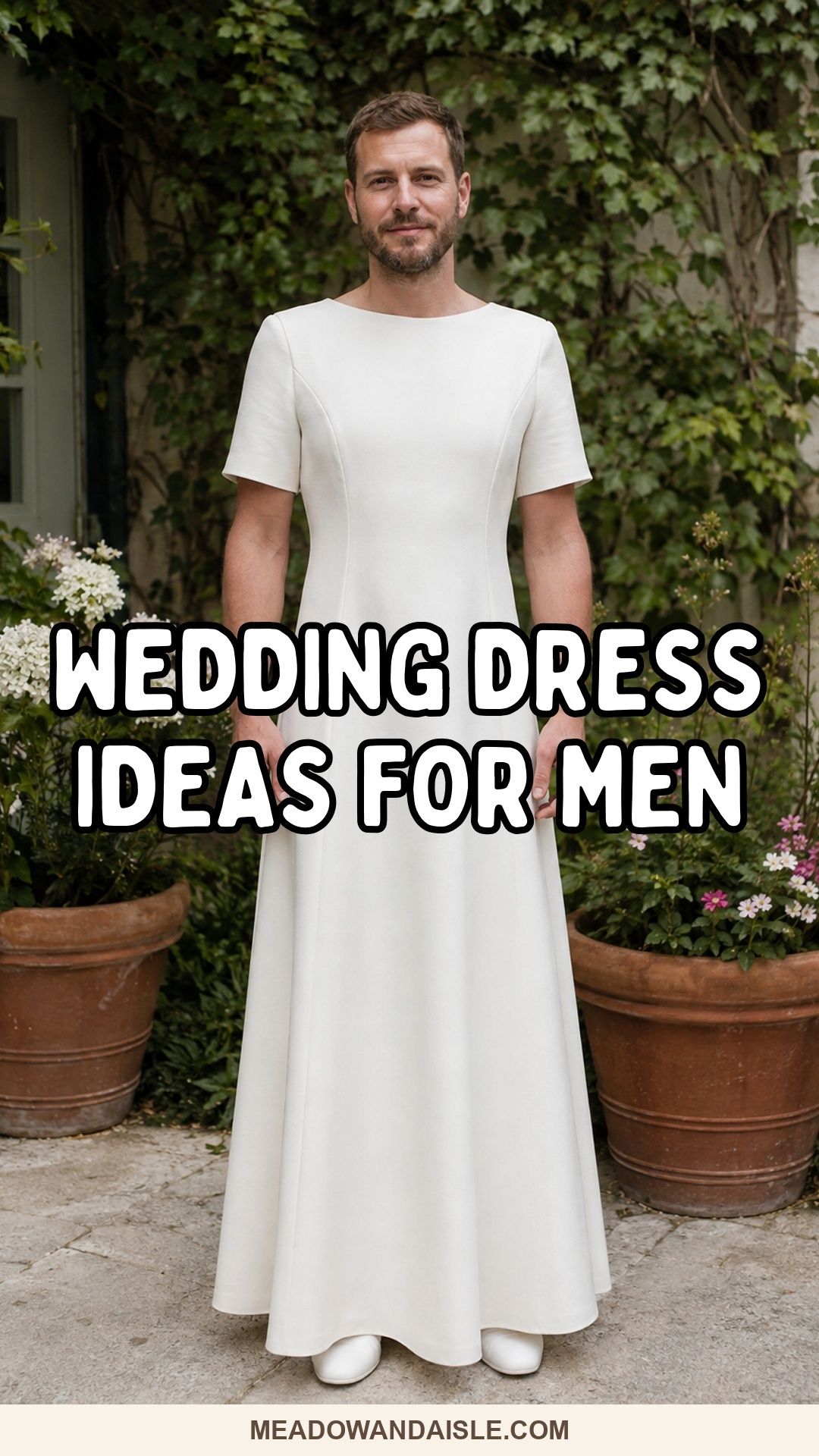 Wedding dress ideas for men Pinterest pin featuring a white tailored gown.