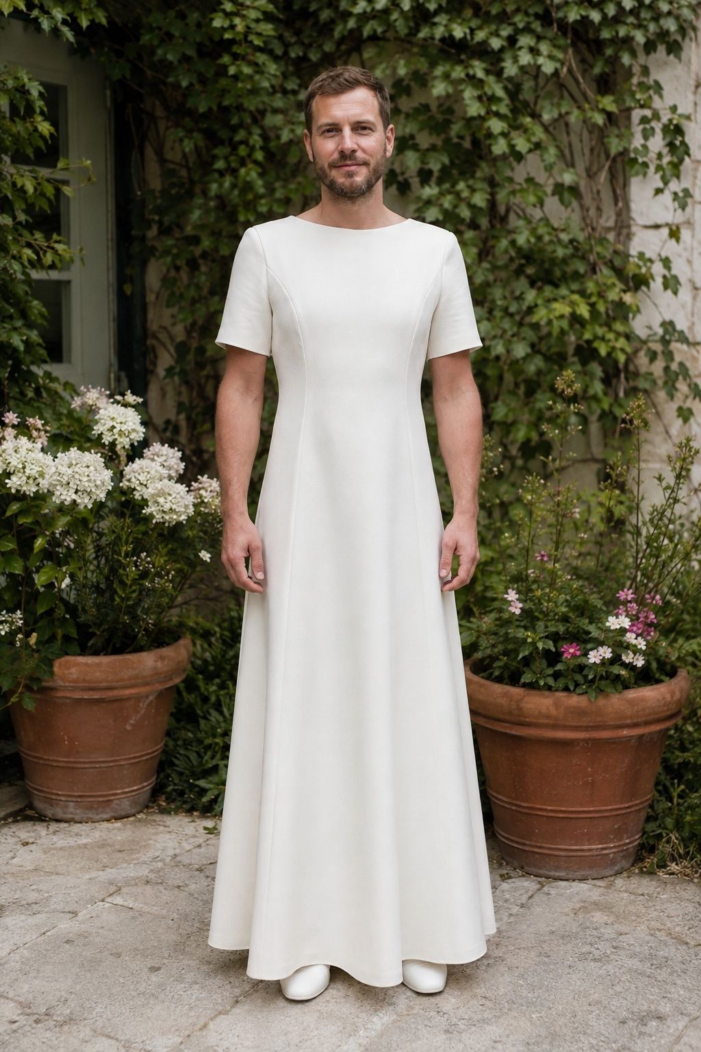 Man in a white tailored floor-length wedding gown in a leafy courtyard.