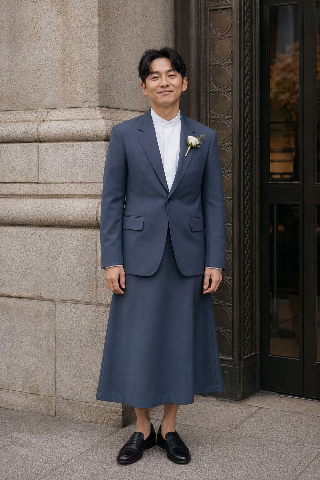 Man in a slate-blue structured jacket and matching skirt outside city hall.