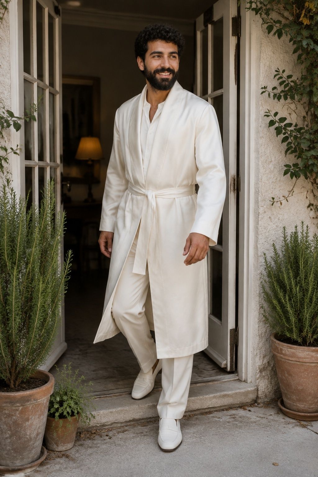Man wearing an ivory belted robe coat over a tonal outfit at a home wedding.